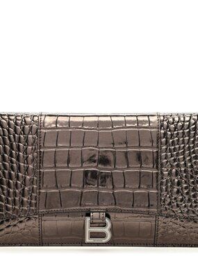 Balenciaga Shiny Calfskin Crocodile Embossed Hourglass Flap Flat Pouch Drk Brown